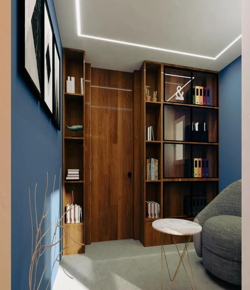Bibliothèque des bureaux FIDEXIA à Casablanca, avec ses rayonnages et son espace de lecture