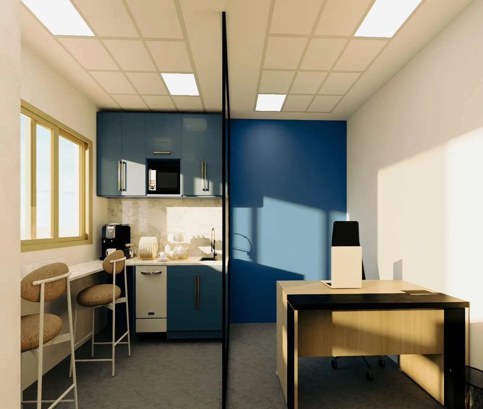 Kitchenette des bureaux FIDEXIA à Casablanca et l'espace de travail attenant