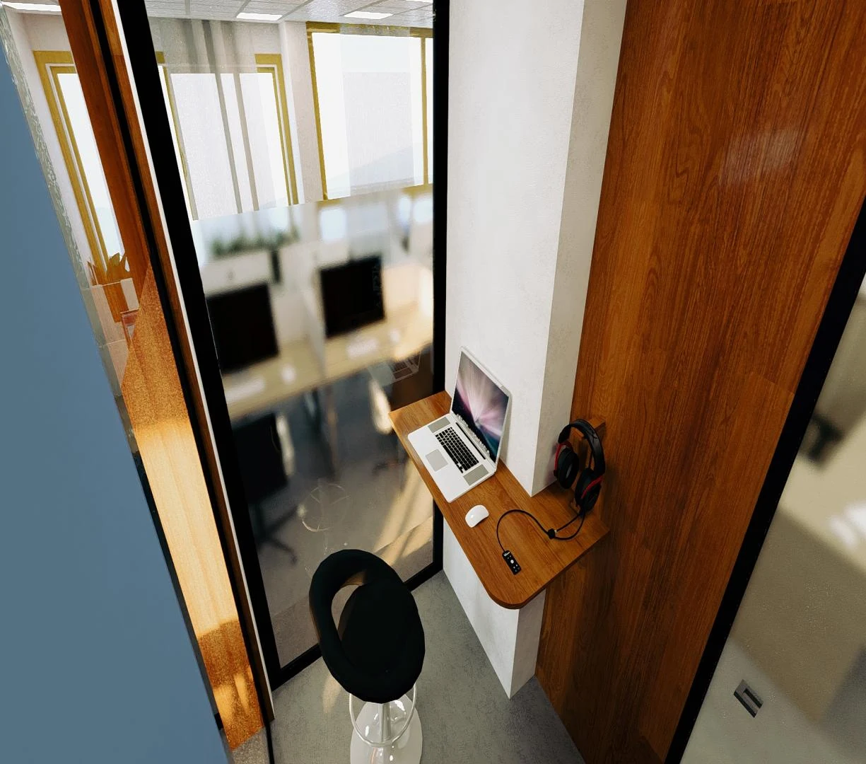 Phone booth des bureaux FIDEXIA à Casablanca, avec son plan de travail et son assise