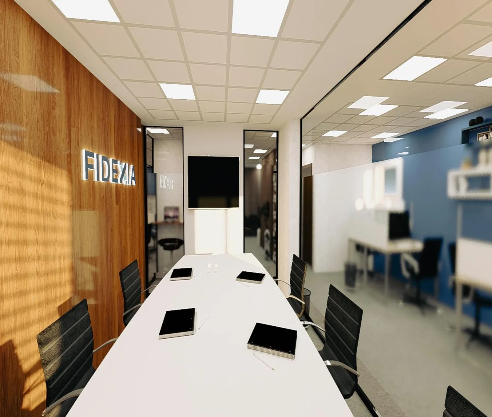 Salle de réunion des bureaux FIDEXIA, vue vers l'open space