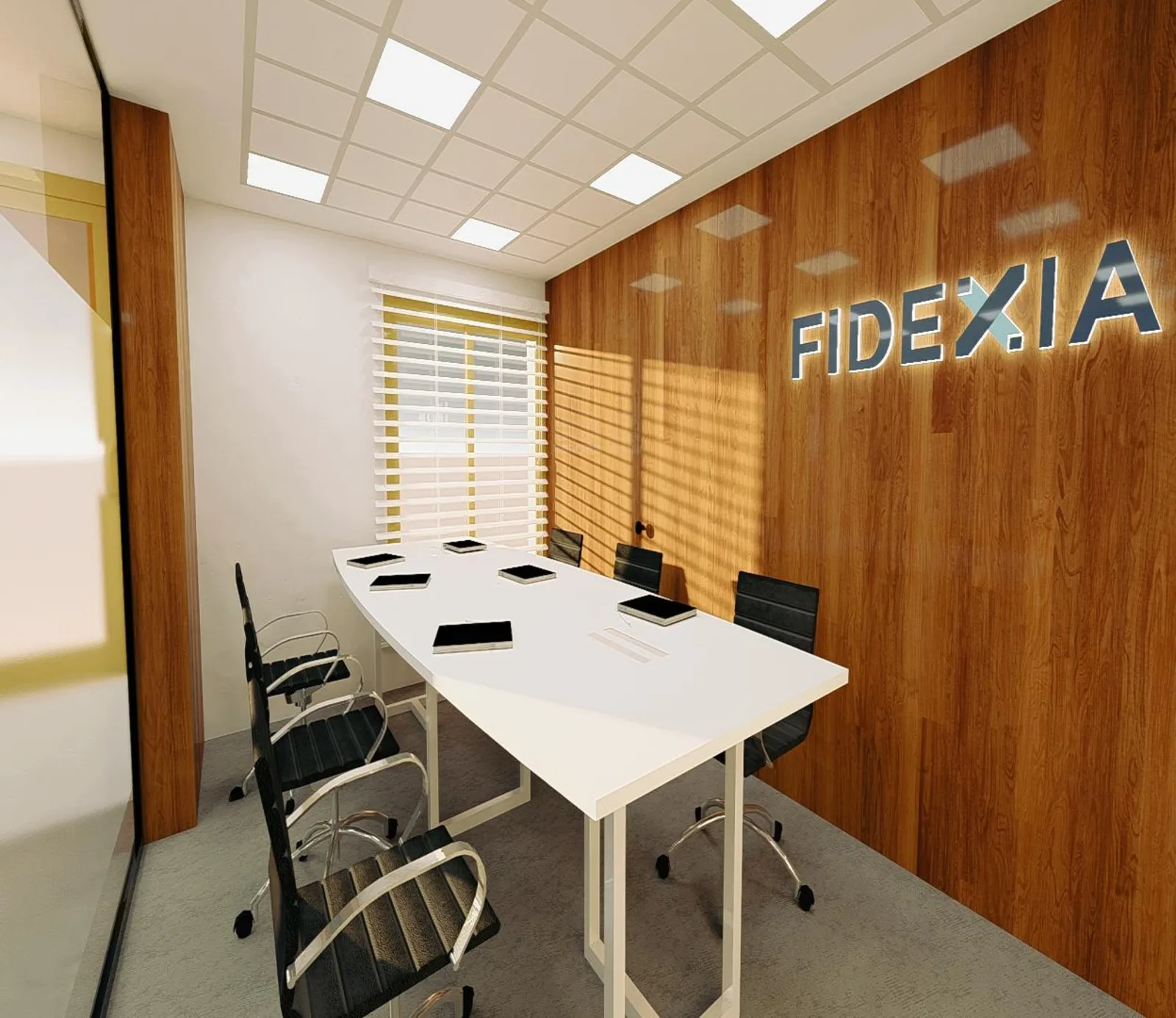 Salle de réunion des bureaux FIDEXIA à Casablanca, avec sa table de réunion et le logo du cabinet au mur
